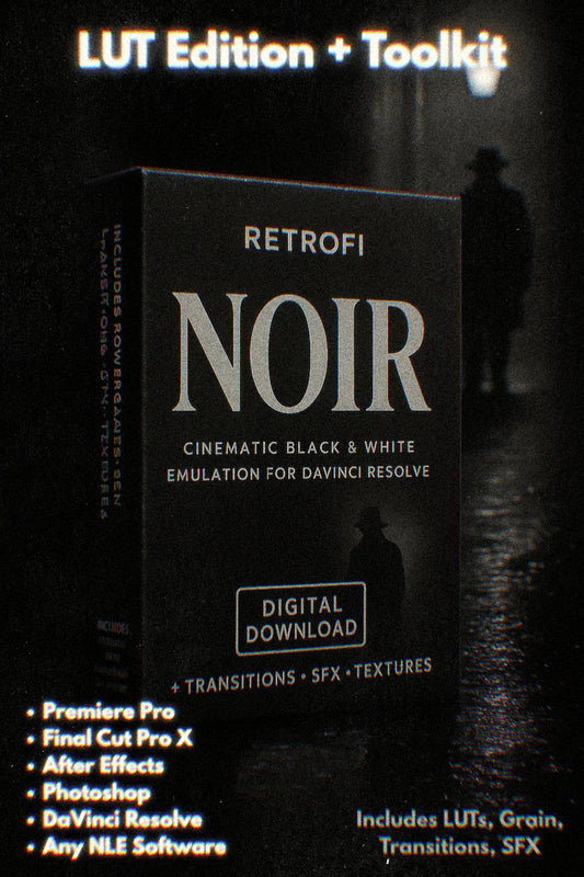 Retrofi — Noir Universal NLE LUT Edition + Creative Toolkit (Premiere, FCPX, AE, PS, Etc.)